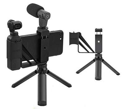 LinParts.com - DJI Osmo Pocket 1 spare parts: Mobile phone holder with black cold shoe clip + small metal tripod