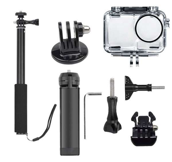 LinParts.com - DJI Osmo Action spare parts: Extended selfie stick + small metal tripod + round waterproof case
